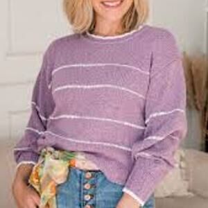 Cabi 6409 Heartbeat Pullover Sweater Orchid Purple White Stripe Size Small